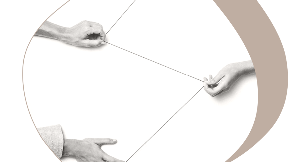 Three hands holding and pulling interconnected strings within an abstract, rounded beige frame on a white background.