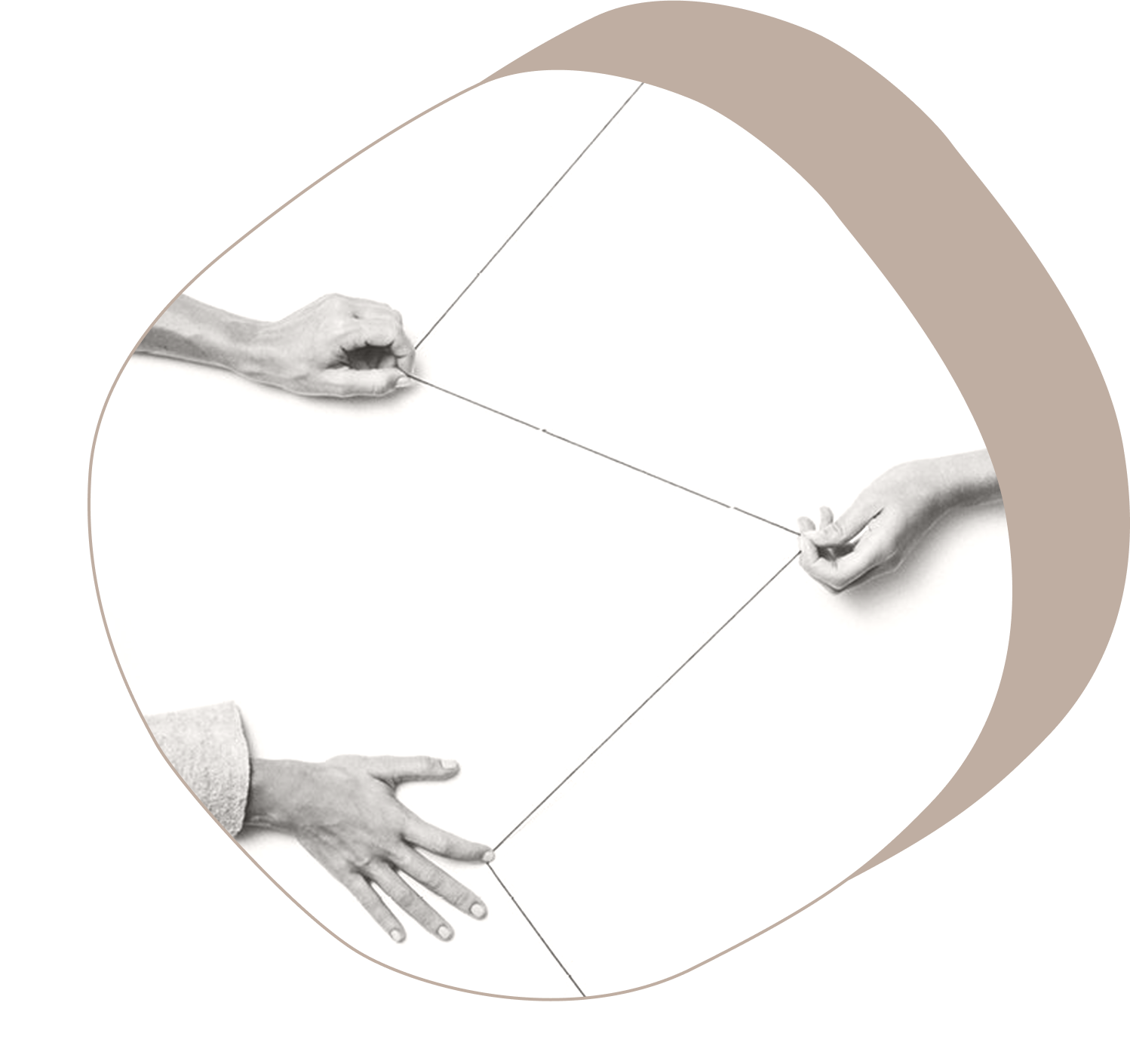 Three hands holding and pulling interconnected strings within an abstract, rounded beige frame on a white background.